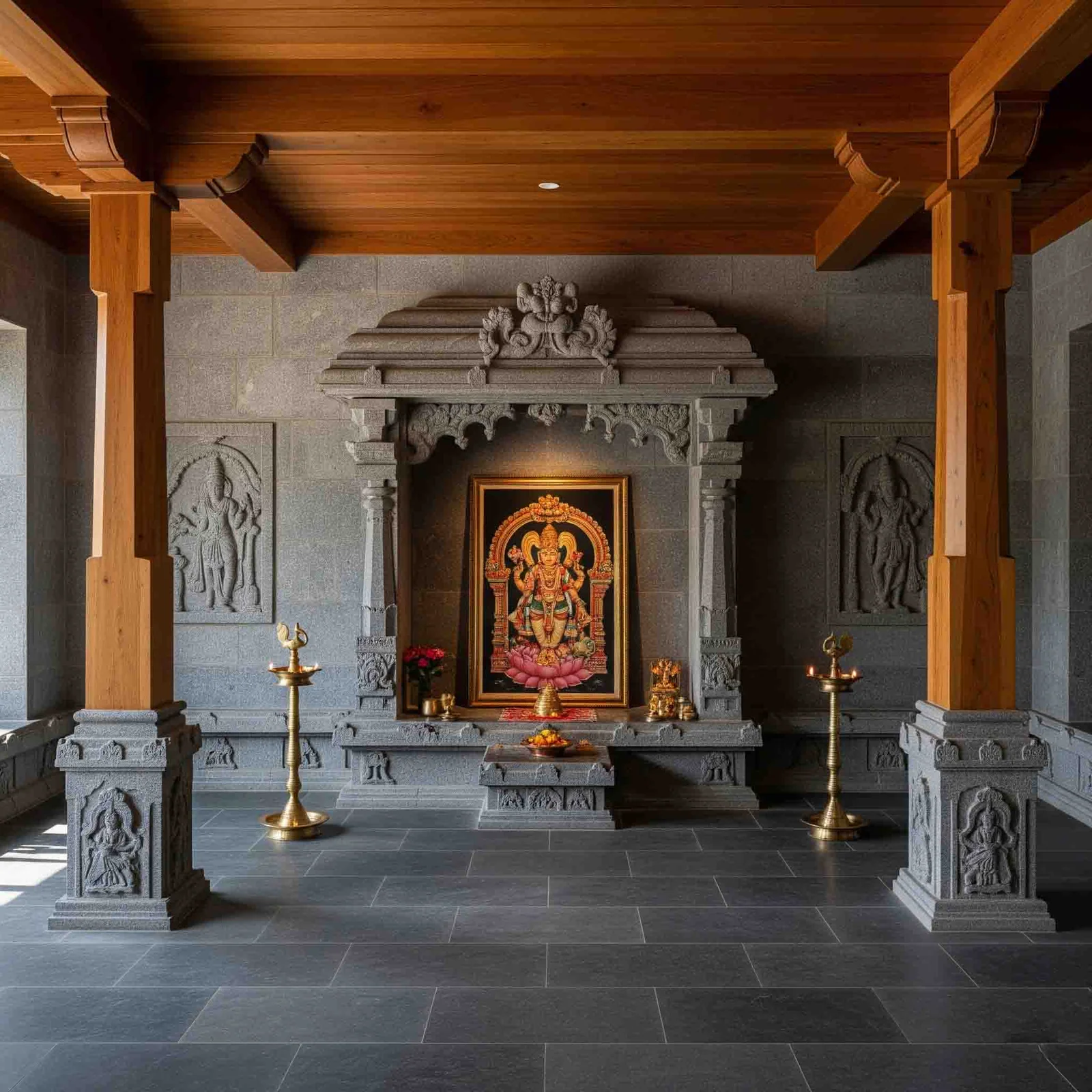 Pooja unit reference with carved top crown, lamp shelf and drawer base (reference 45)