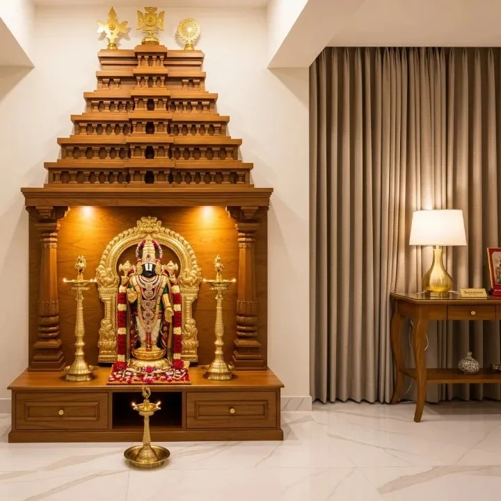 Carved wooden mandap design reference with pillars, arch and tiered crown (reference 25)