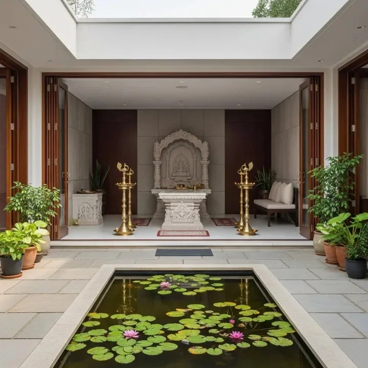 Inner courtyard design with wooden columns, brackets and an open skylight (reference 23)