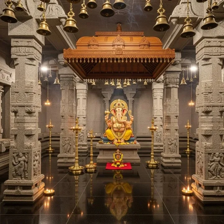 Full pooja room design reference with carved mandir, back wall and ceiling work (reference 13)