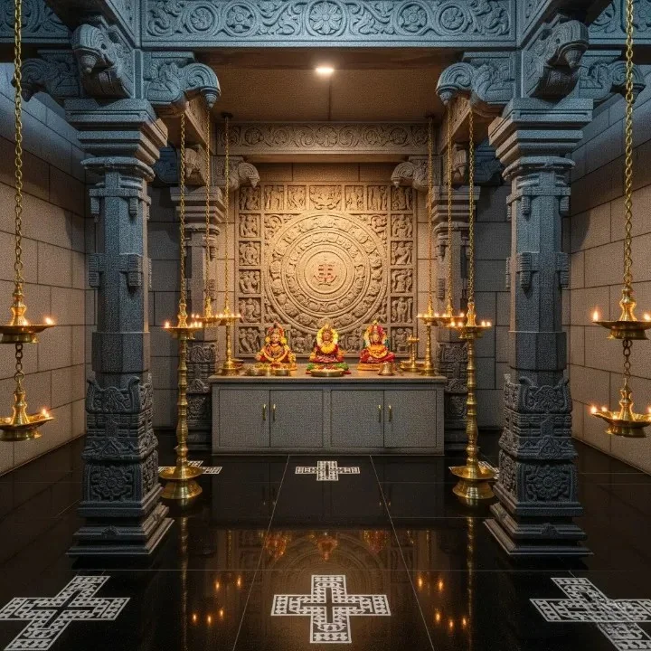 Pooja room interior reference showing carved timber walls and a raised platform (reference 15)