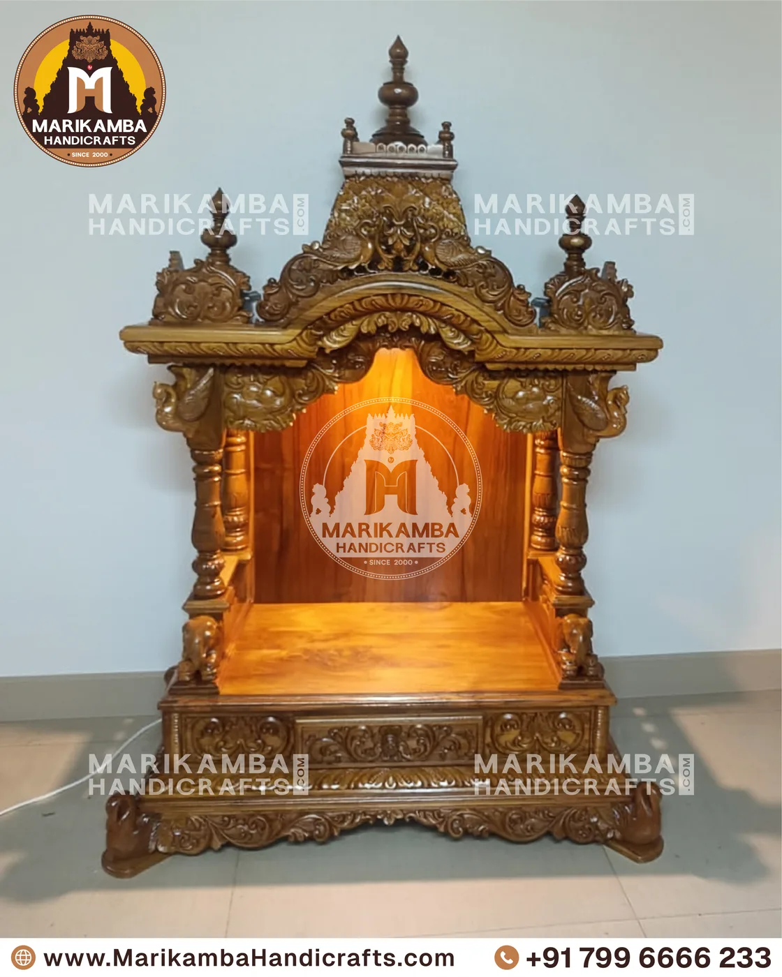 Traditional wooden mandir for the home, with kalasha finials and deep relief carving — piece 114 of the collection