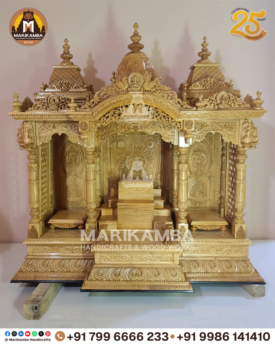 Pooja mandira front elevation showing carved side panels and a raised deity platform — piece 55 of the collection