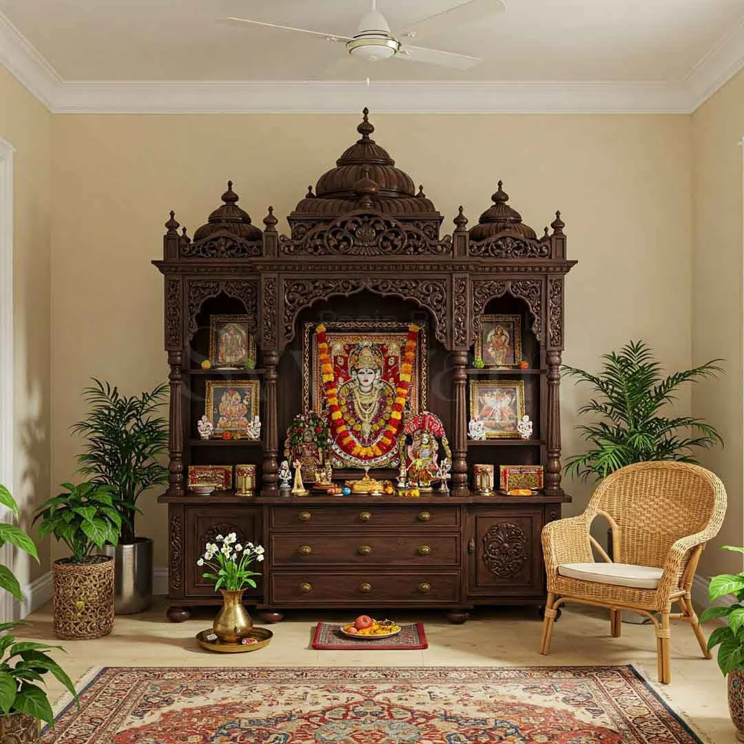 Pooja unit reference with carved top crown, lamp shelf and drawer base (reference 21)