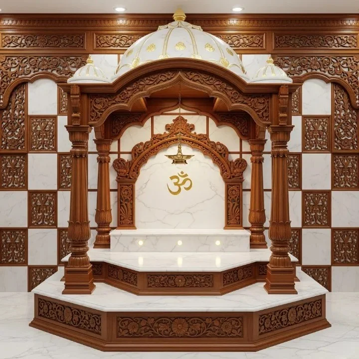 Carved wooden mandap design reference with pillars, arch and tiered crown (reference 19)