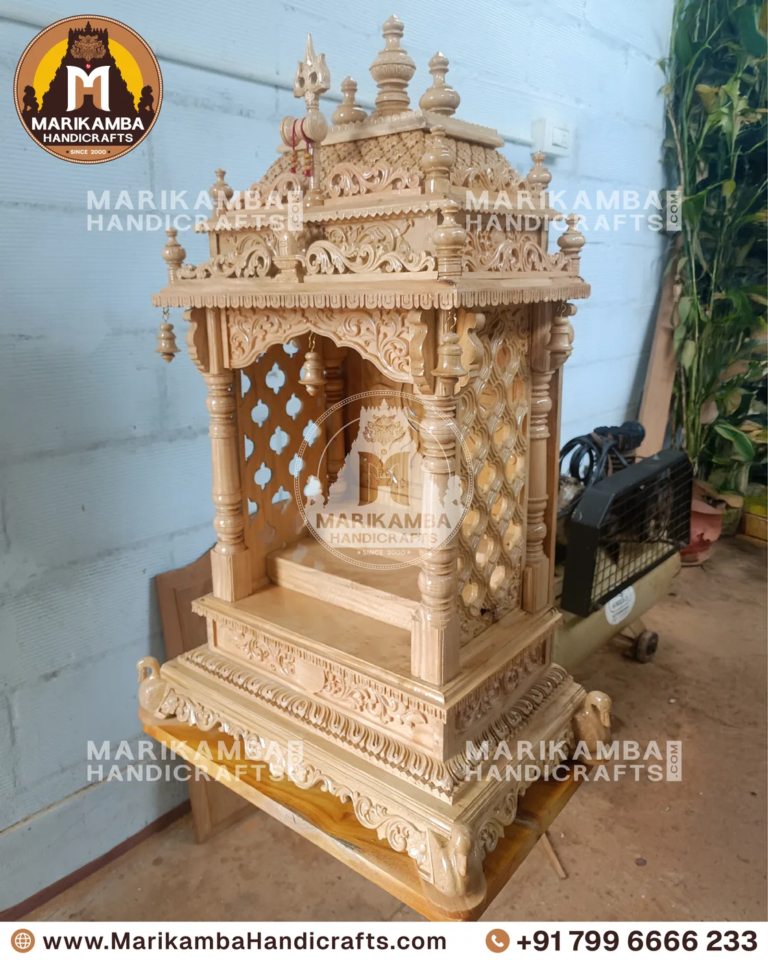Pooja mandira front elevation showing carved side panels and a raised deity platform — piece 95 of the collection