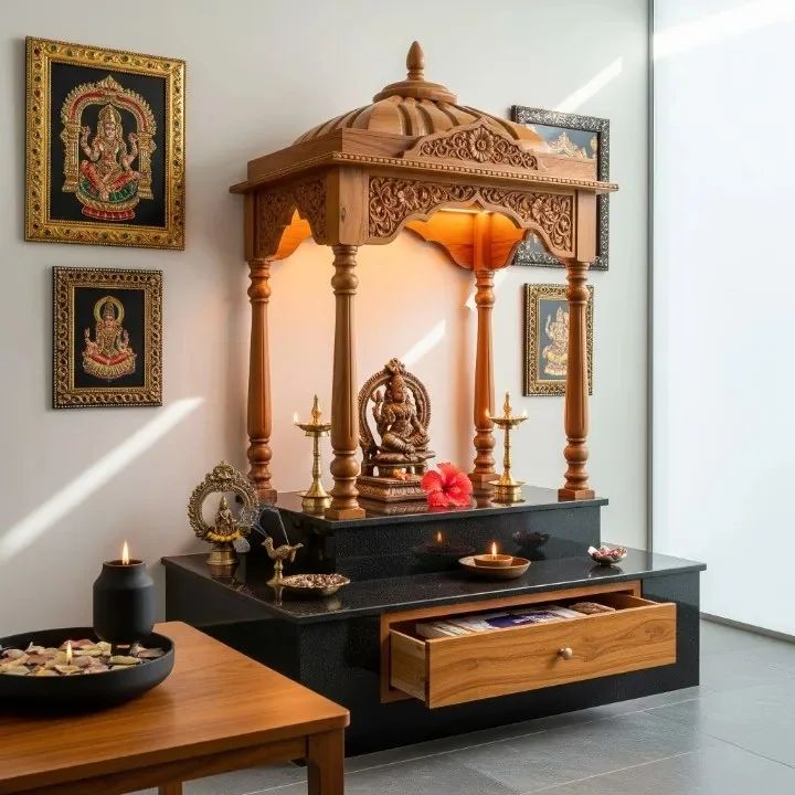 Temple-style mandap design with turned pillars and a gopuram-style roof (reference 12)