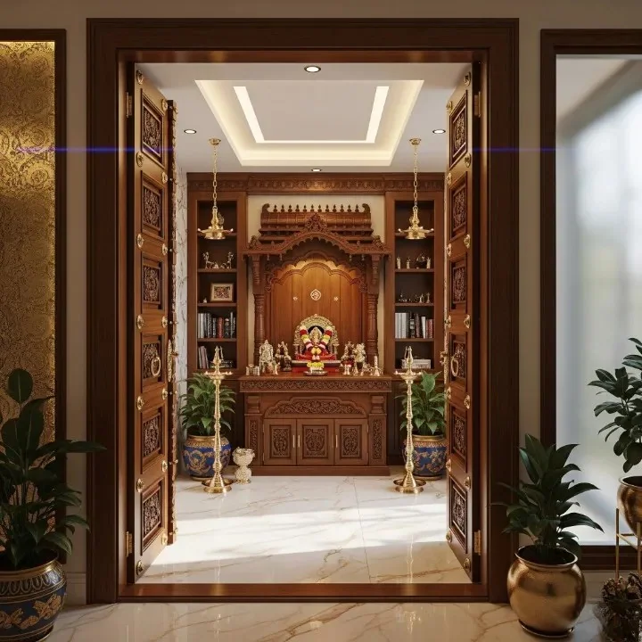 Pooja room interior reference showing carved timber walls and a raised platform (reference 06)
