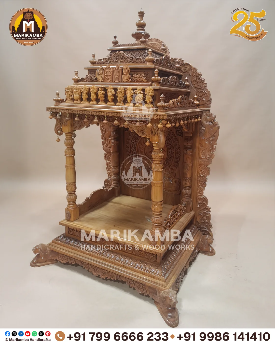 Traditional wooden mandir for the home, with kalasha finials and deep relief carving — piece 54 of the collection