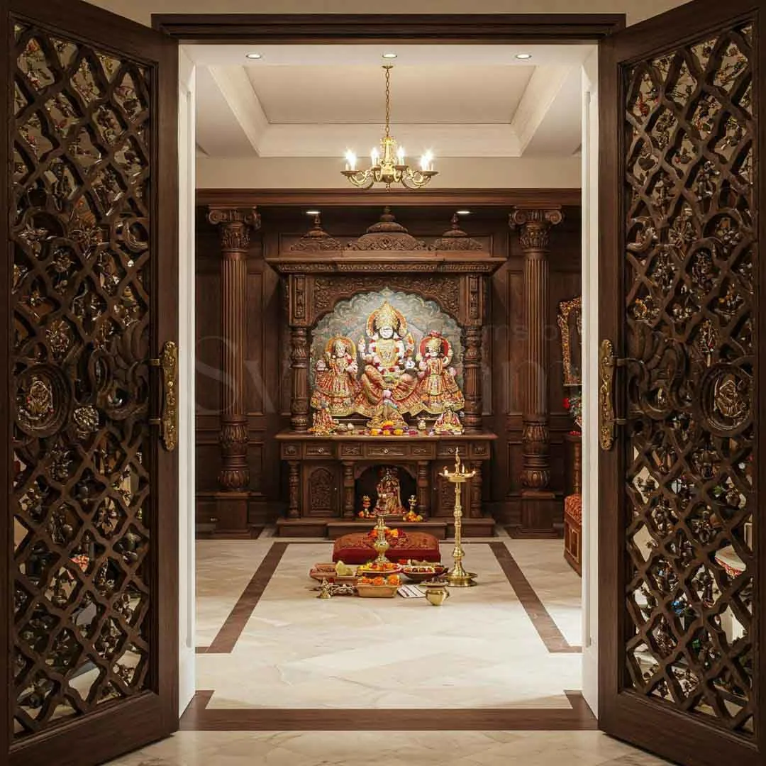 Carved wooden pooja unit design reference with panelled doors and a deity niche (reference 13)