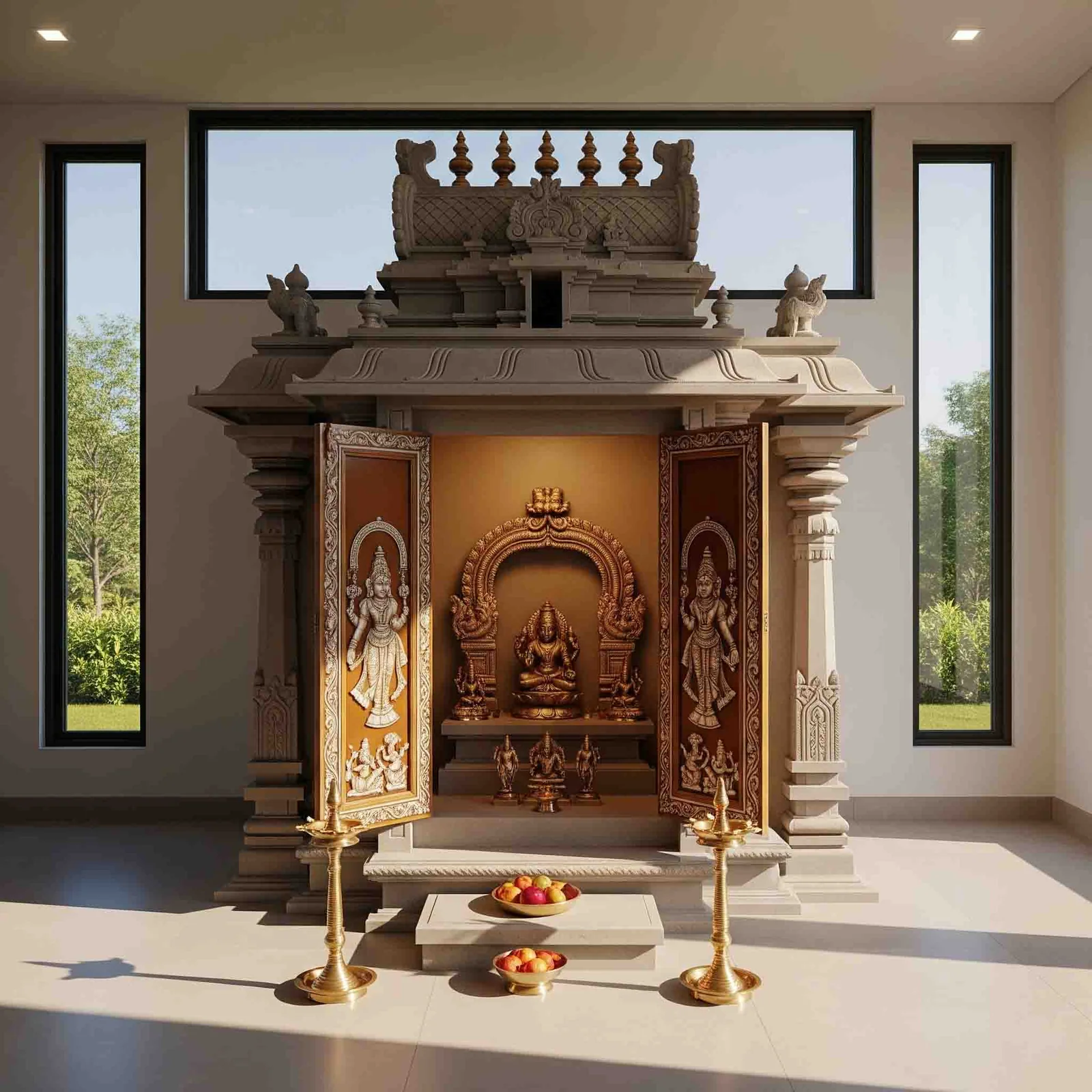 Carved wooden pooja unit design reference with panelled doors and a deity niche (reference 34)