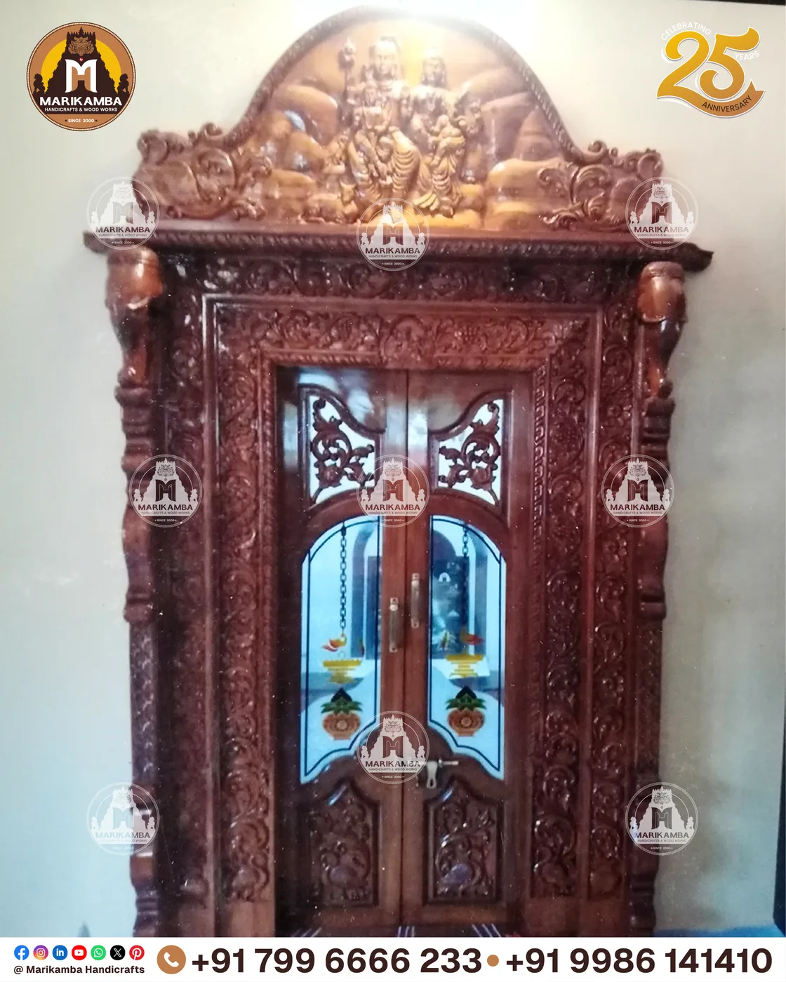Wooden home entrance door with carved panels and a decorated lintel