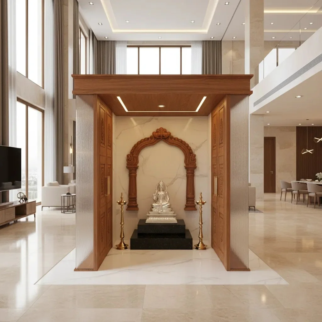 Walk-in pooja unit design reference with carved doors and internal shelving (reference 10)