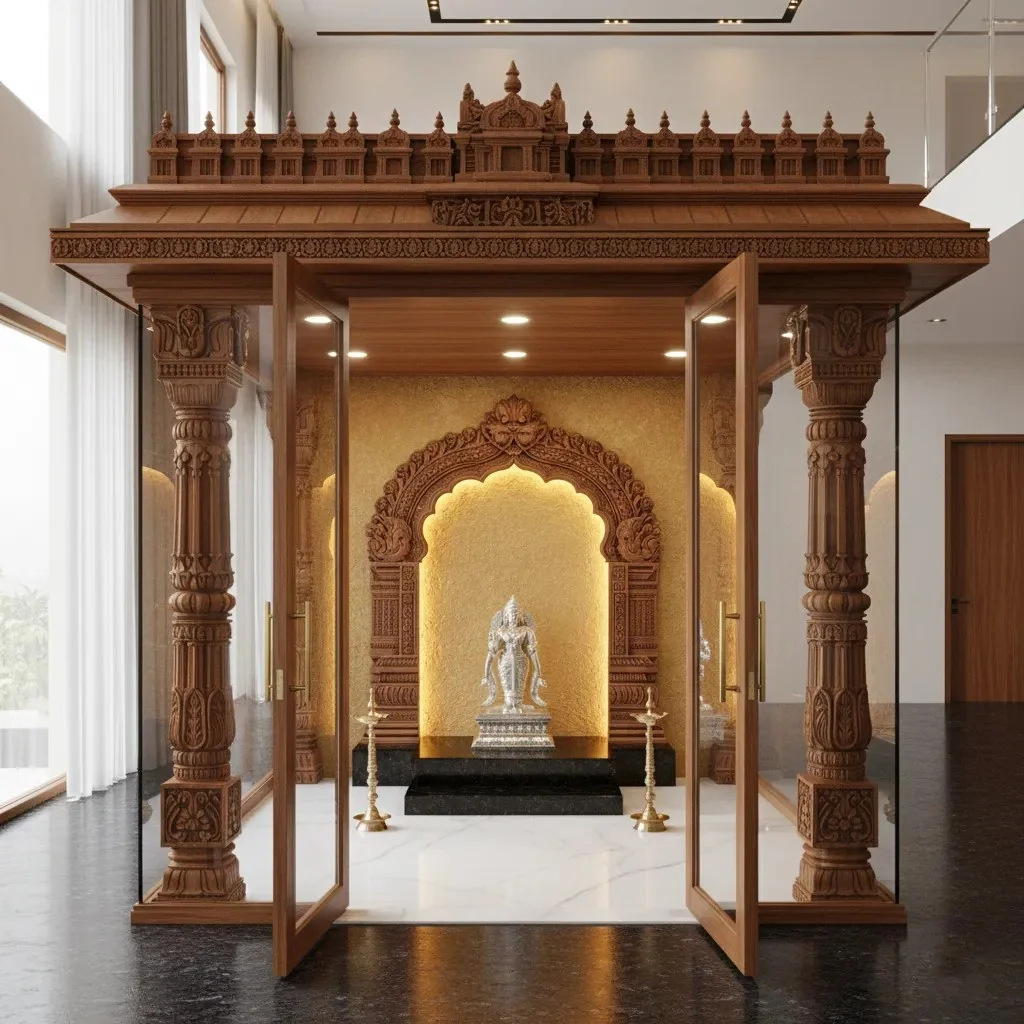 Enclosed walk-in pooja unit design with carved panelling and storage (reference 12)
