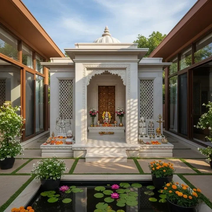 Courtyard seating area framed by carved wooden pillars and railings