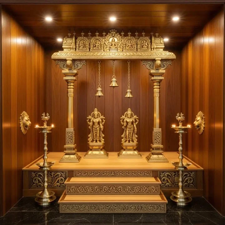 Pooja mandap reference showing a carved canopy over the deity platform (reference 11)