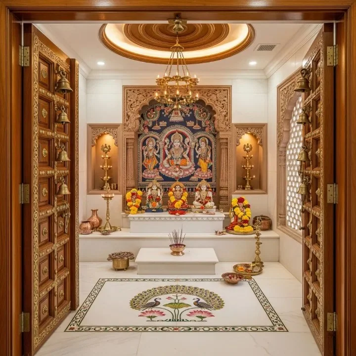 Pooja room interior reference showing carved timber walls and a raised platform (reference 09)