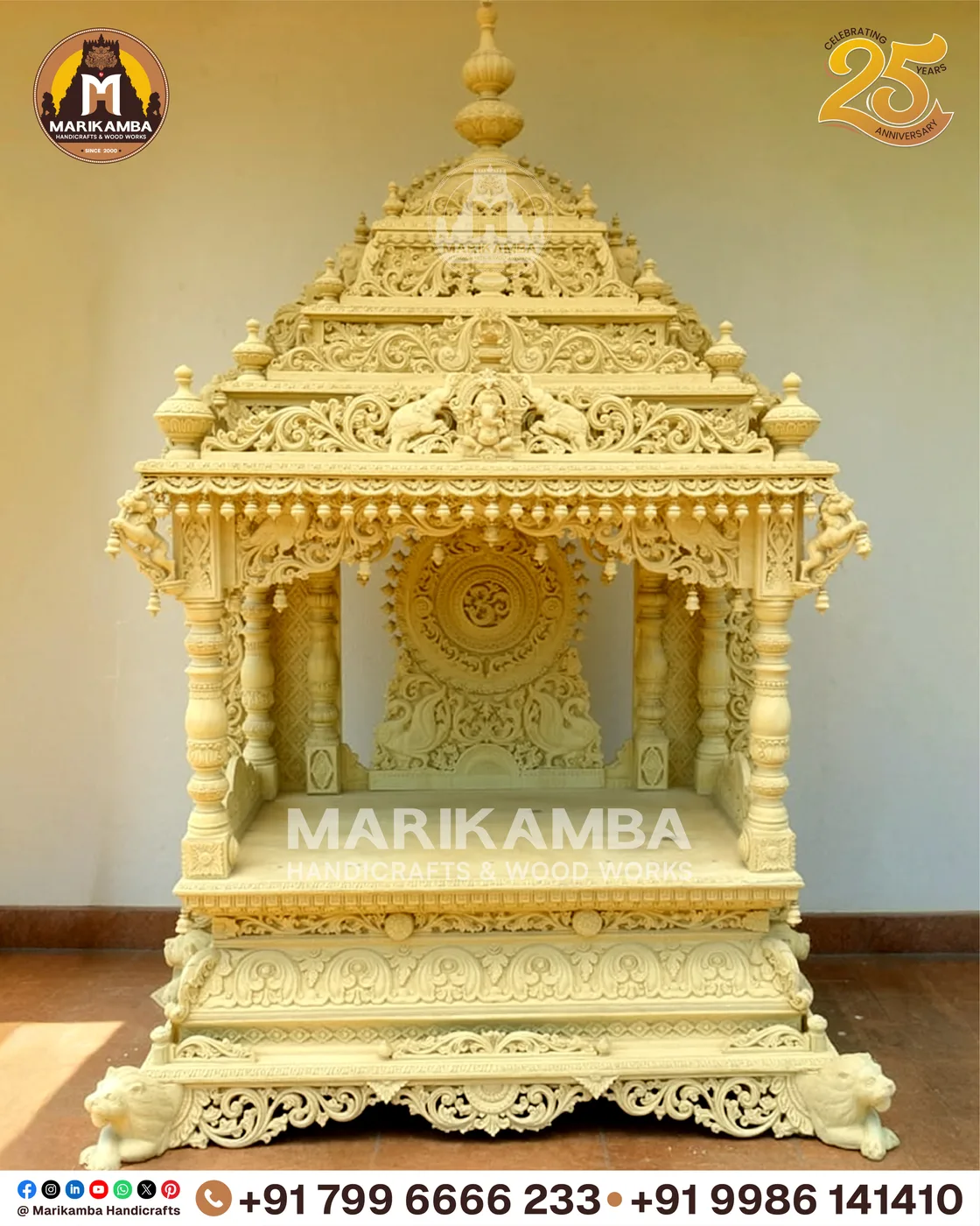 Traditional wooden mandir for the home, with kalasha finials and deep relief carving