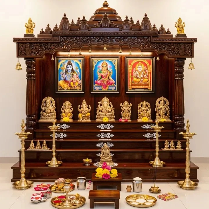Carved wooden mandap design reference with pillars, arch and tiered crown (reference 16)
