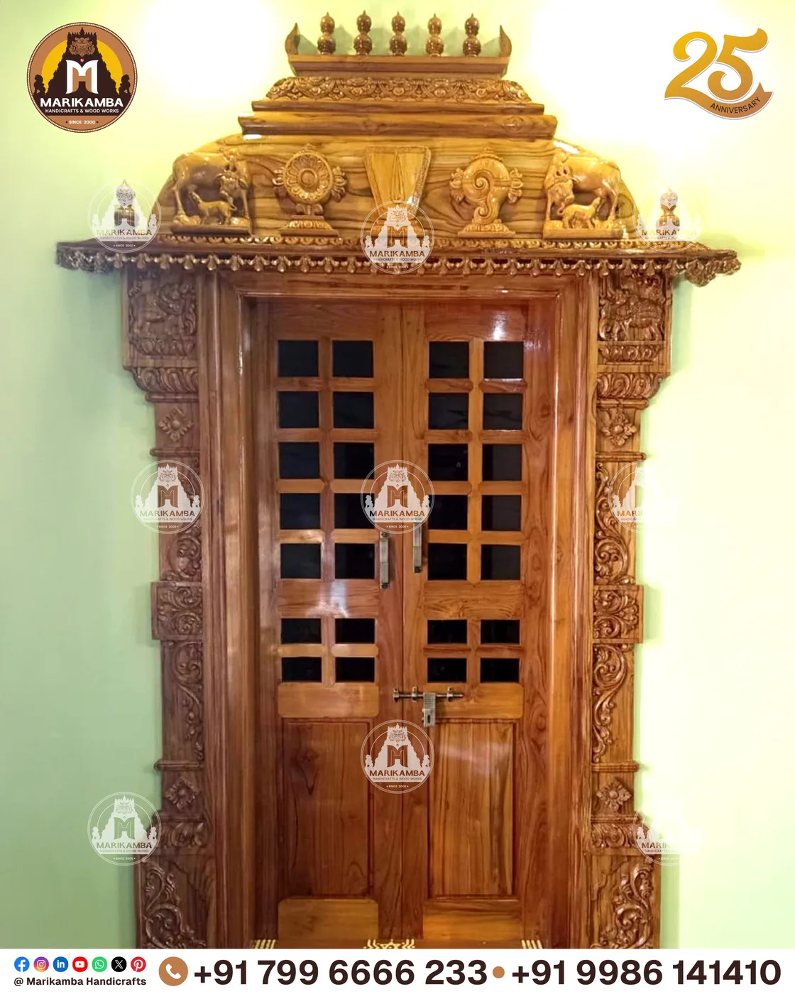 Solid timber door with deep hand-chiselled relief and a natural oiled finish — piece 78 of the collection
