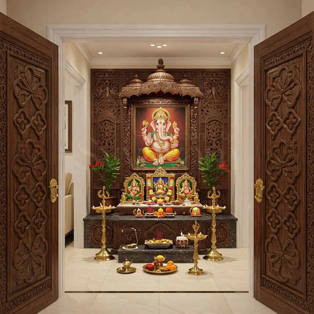 Pooja unit reference with carved top crown, lamp shelf and drawer base (reference 06)