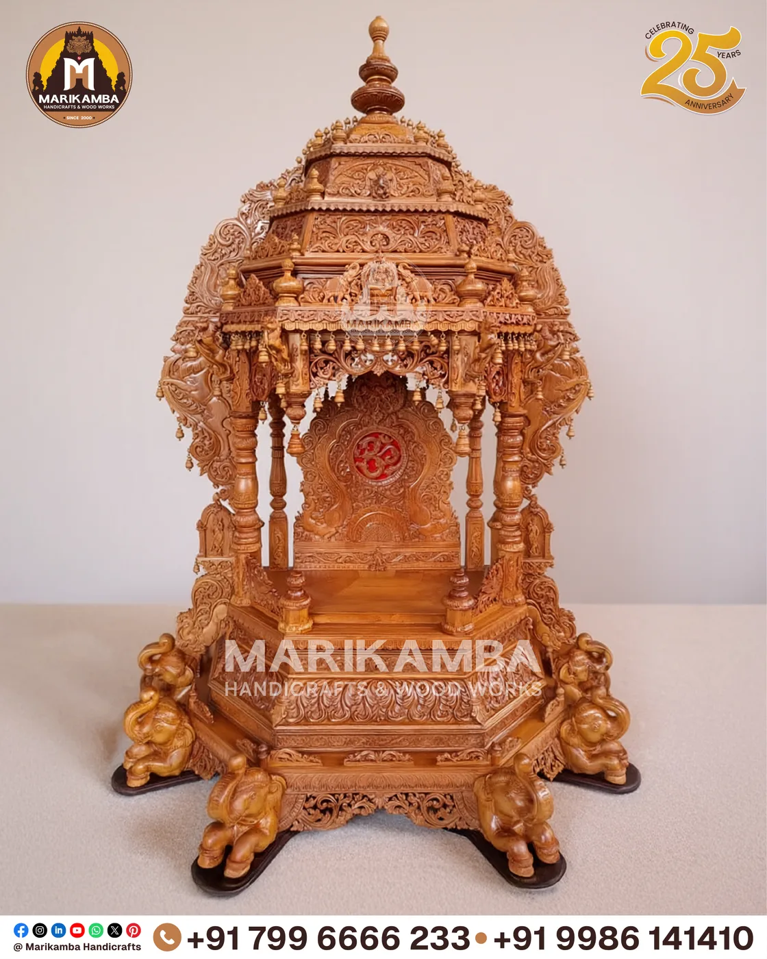 Carved pooja mantapa with layered temple-tower roof and floral panelling — piece 23 of the collection