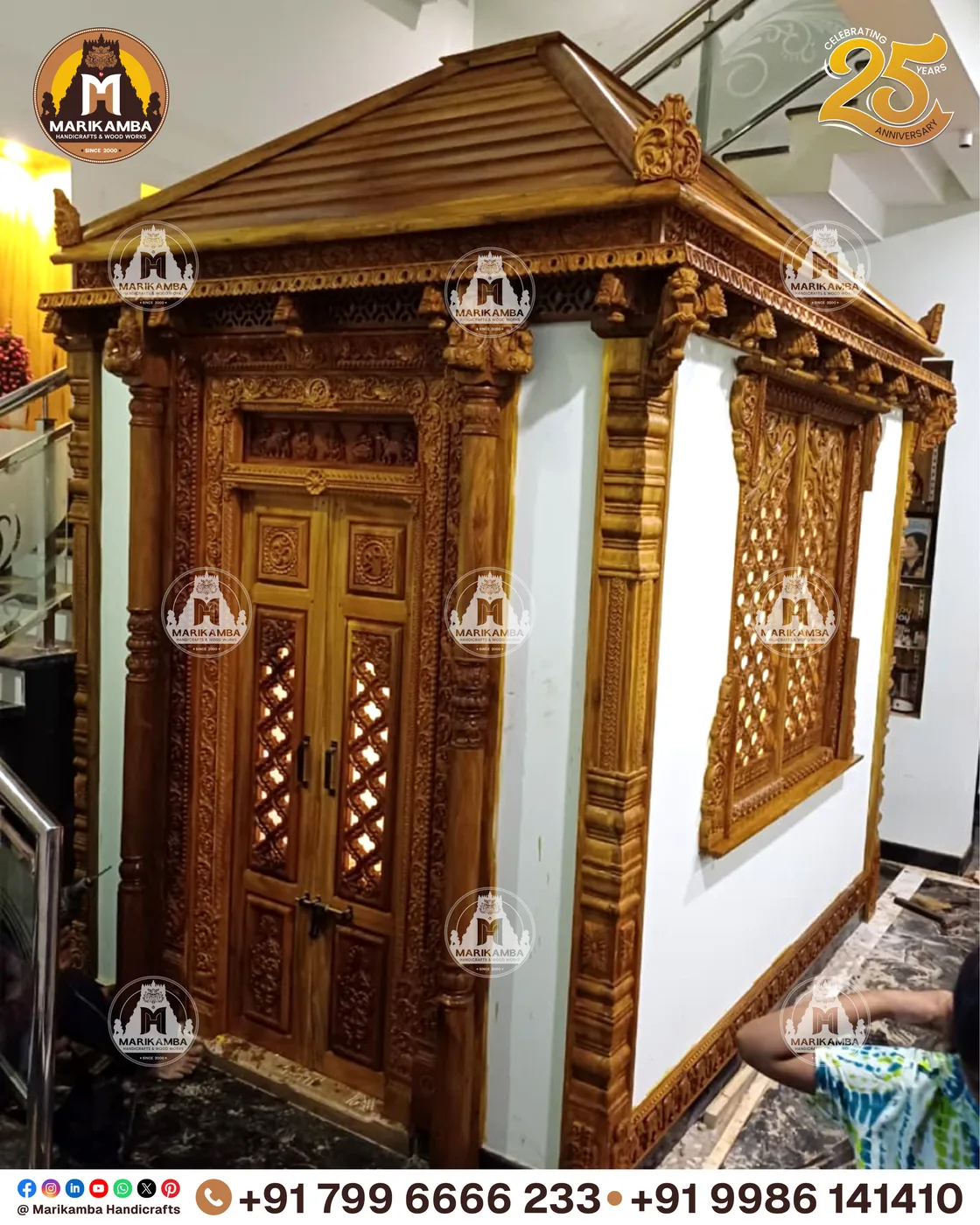 Carved wooden panel work for a temple interior, made at the Marikamba atelier — piece 21 of the collection