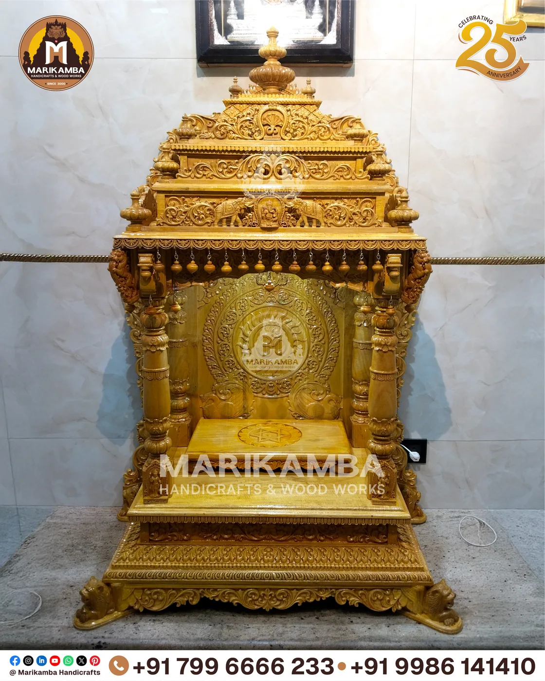 Traditional wooden mandir for the home, with kalasha finials and deep relief carving — piece 64 of the collection