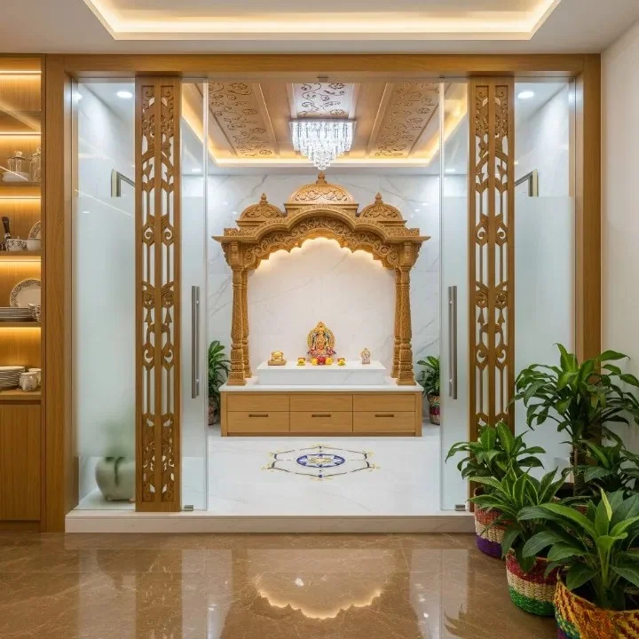 Full pooja room design reference with carved mandir, back wall and ceiling work (reference 04)
