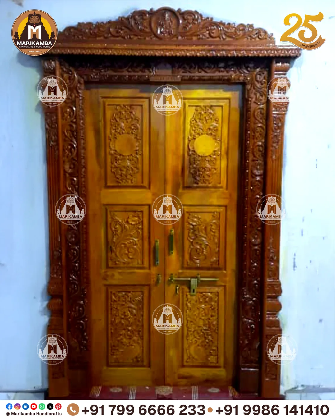 Traditional Karnataka-style carved door frame with guardian figures at the jambs — piece 45 of the collection