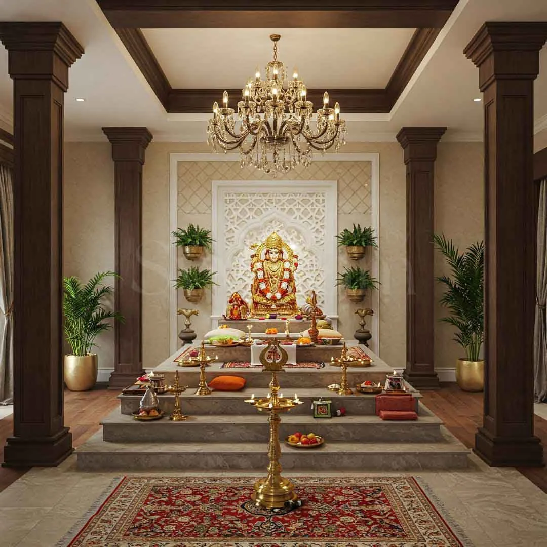Wooden mandir design reference showing carved pillars, arch and base storage (reference 20)