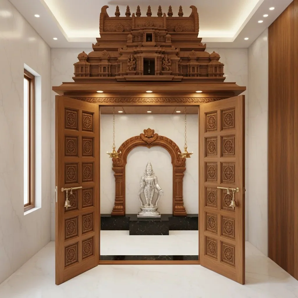 Walk-in prayer unit reference with carved jaali doors and a lit deity niche (reference 08)