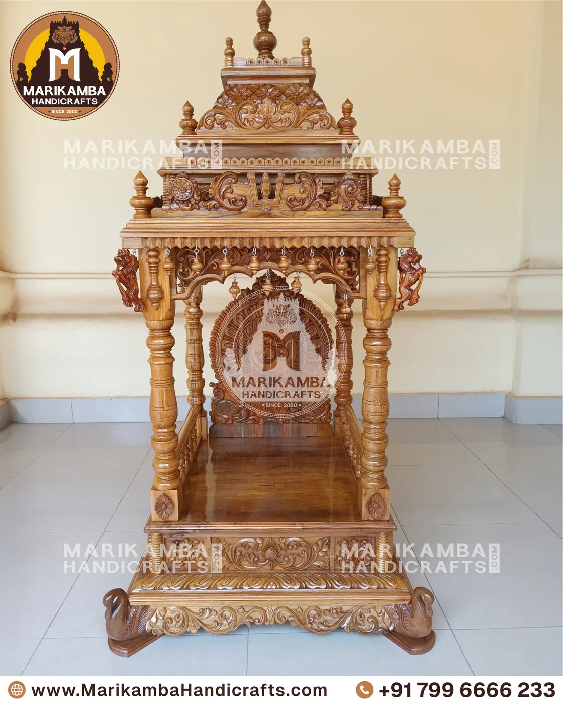 Full-height wooden mandir with stepped tower, side jaali panels and storage base — piece 119 of the collection