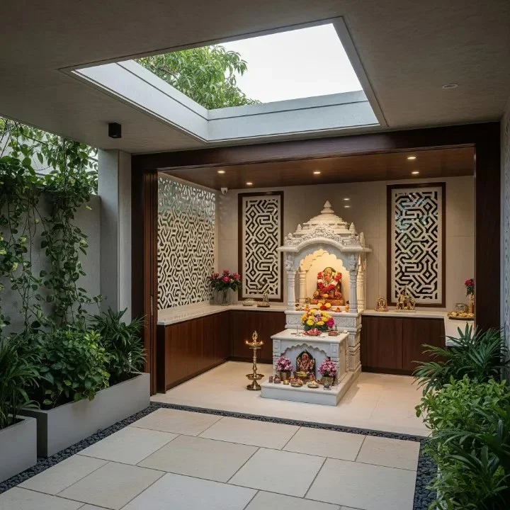 Courtyard seating area framed by carved wooden pillars and railings (reference 06)
