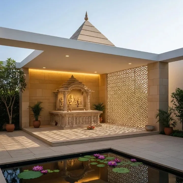 Inner courtyard design with wooden columns, brackets and an open skylight (reference 20)