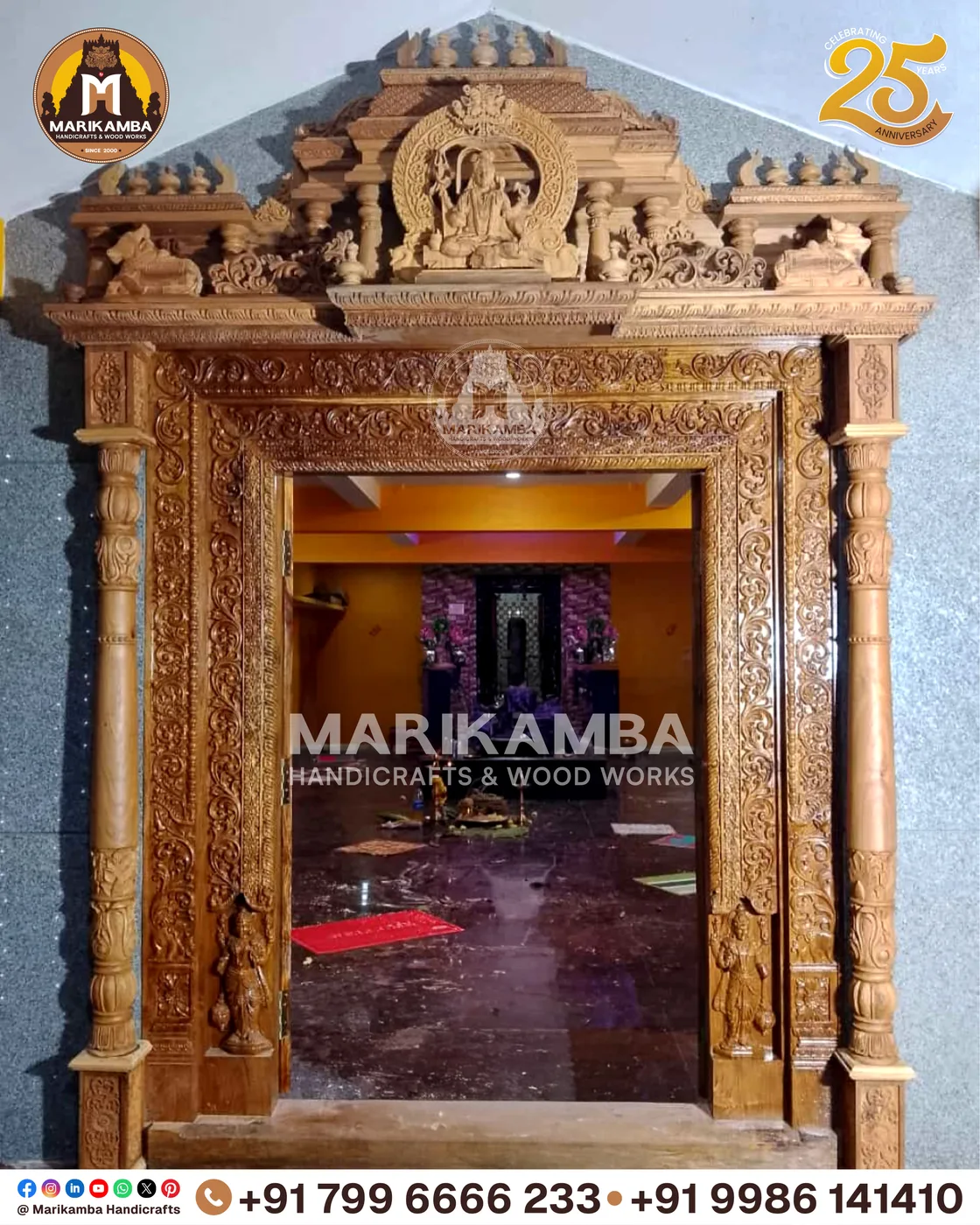 Wooden ceiling and pillar work with carved brackets for a home interior