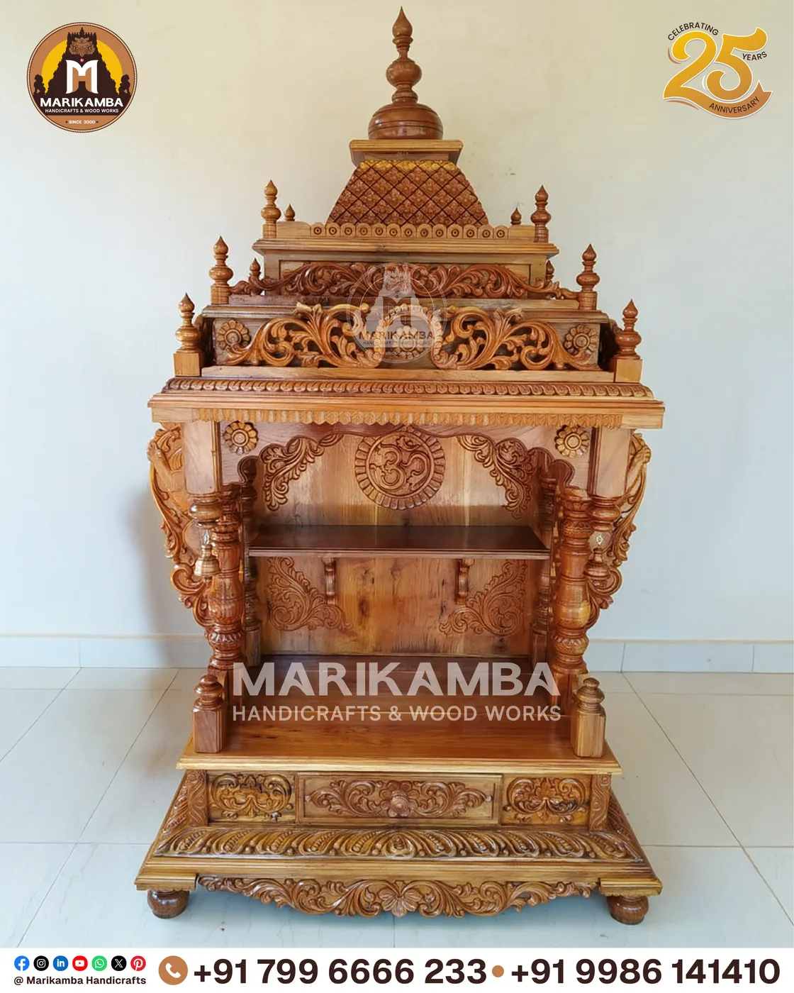 Wooden home mandir with turned pillars and a lotus-carved arch, made in Sirsi, Karnataka — piece 12 of the collection