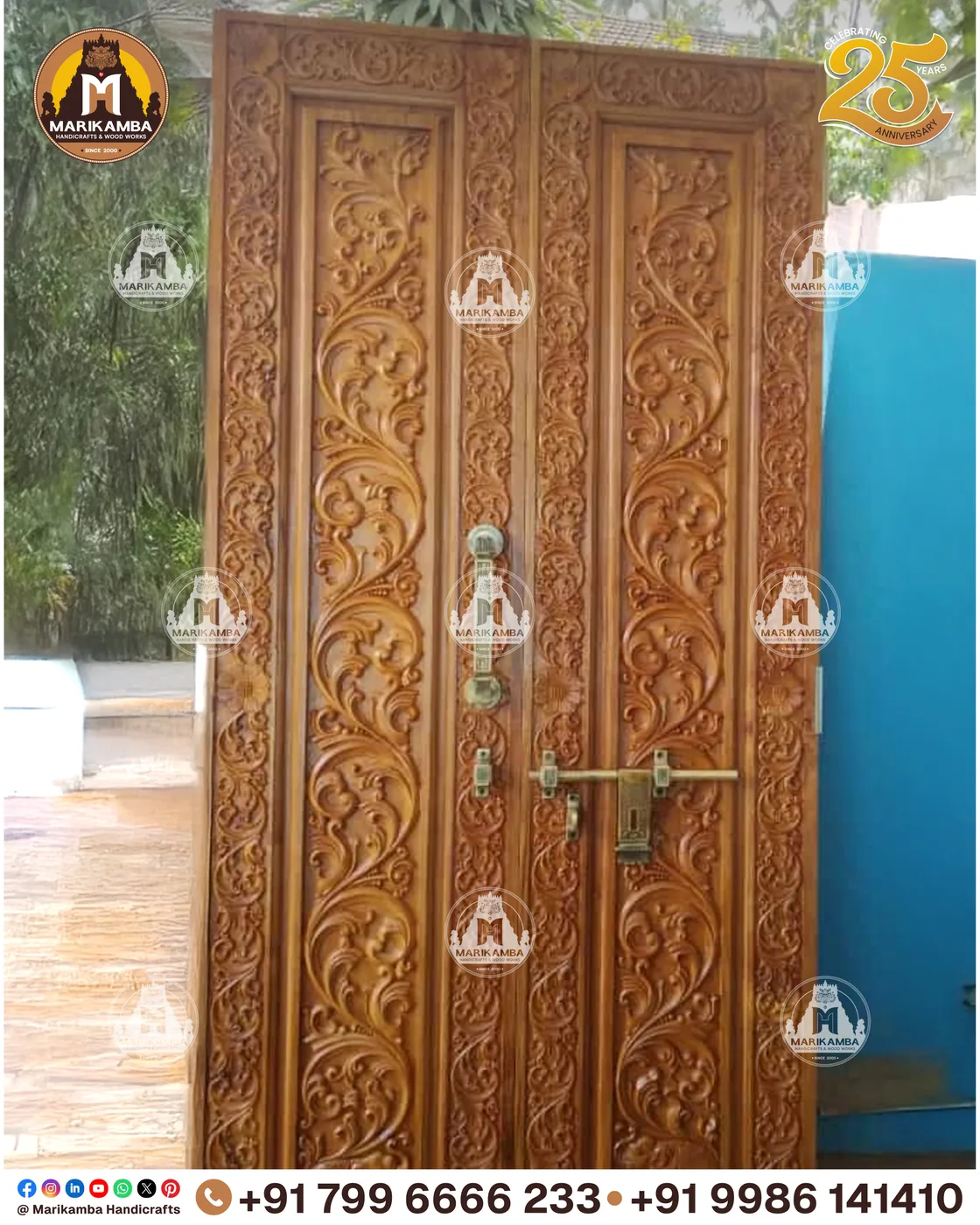 Carved teakwood temple door with figures, lotus bands and heavy frame, made in Sirsi — piece 81 of the collection