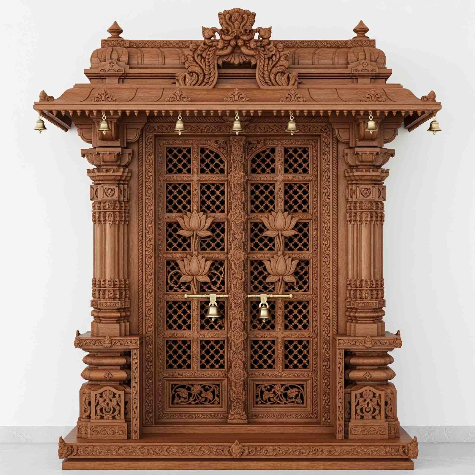 Wooden mandir design reference showing carved pillars, arch and base storage (reference 47)
