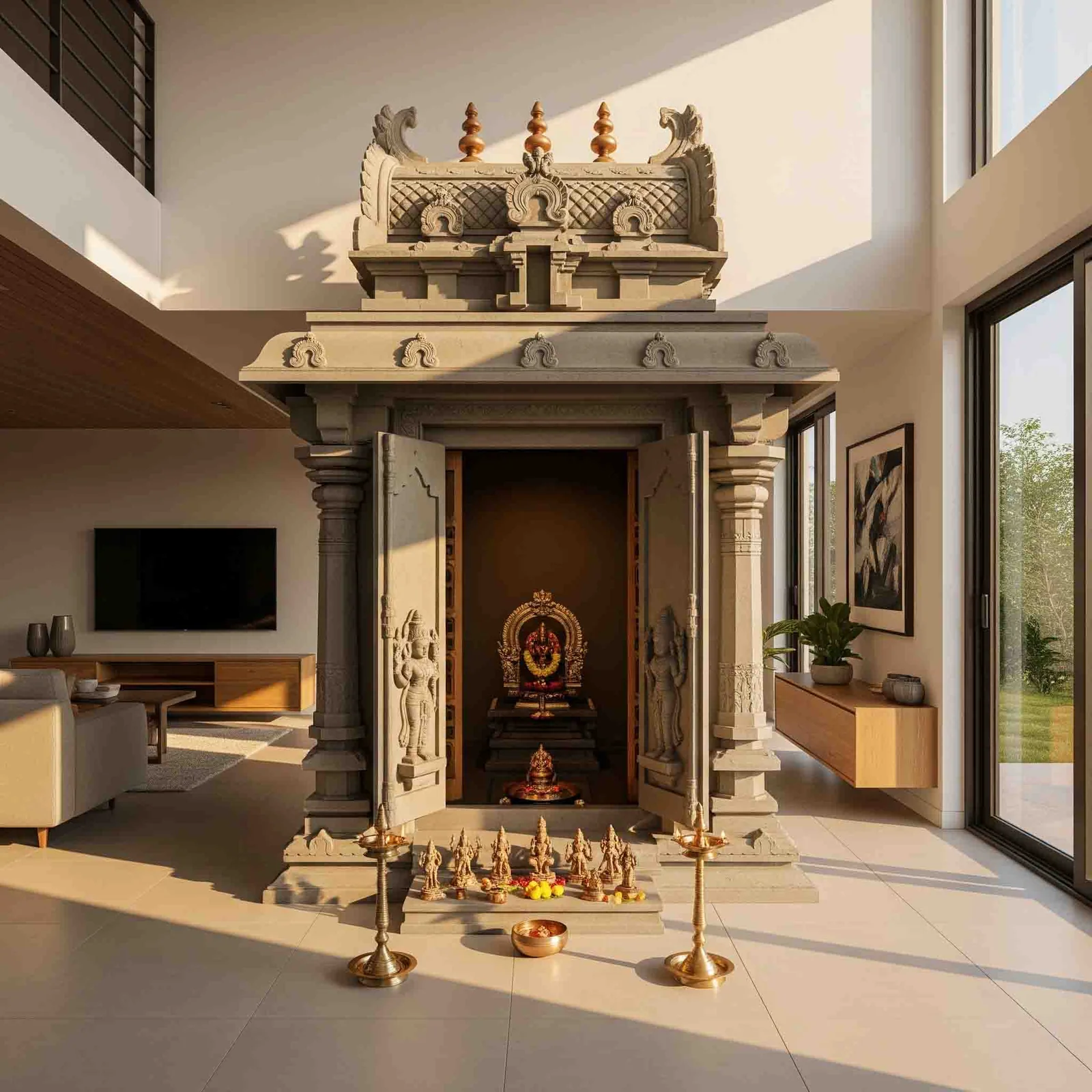 Carved wooden pooja unit design reference with panelled doors and a deity niche (reference 37)