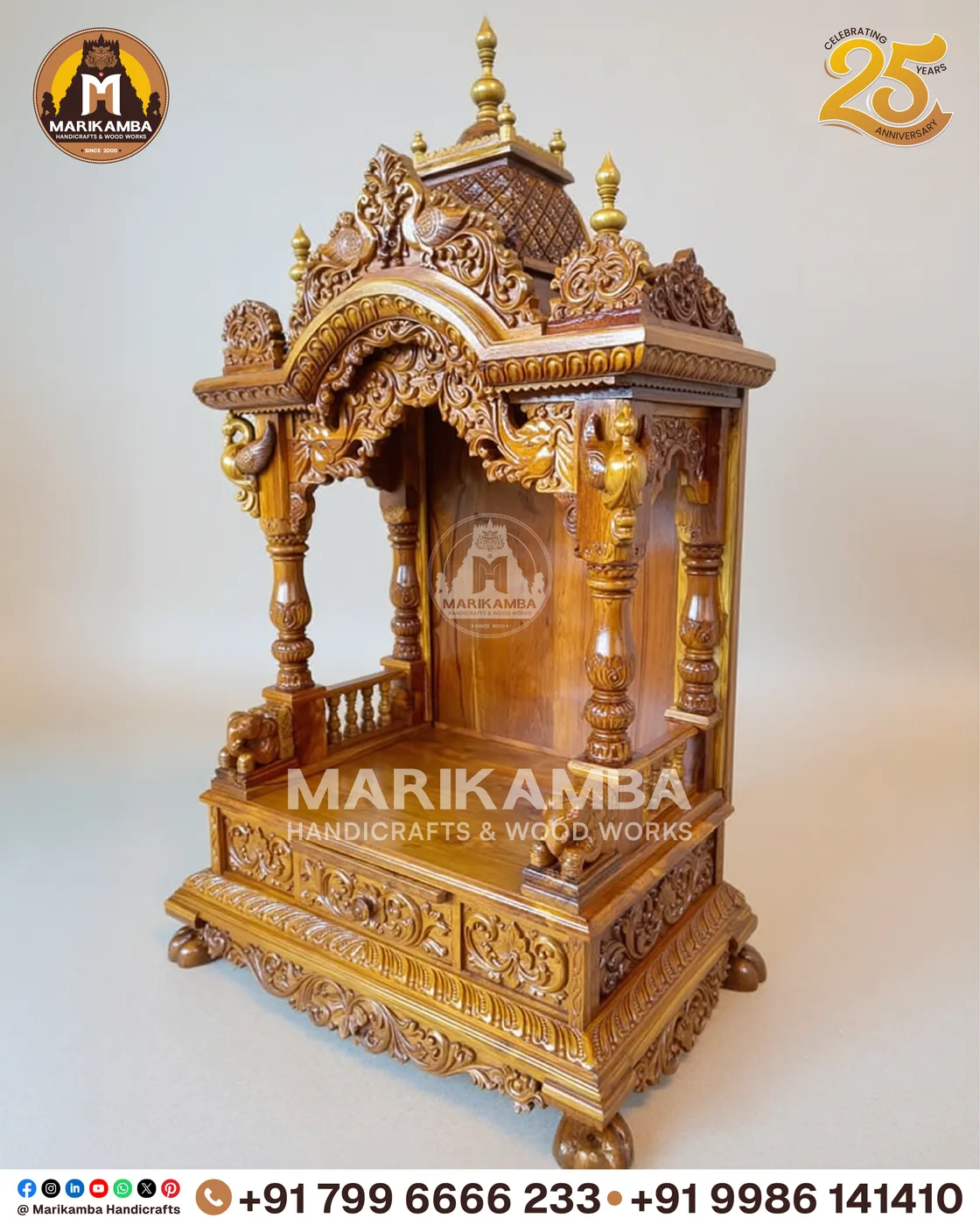 Pooja mandira front elevation showing carved side panels and a raised deity platform — piece 25 of the collection