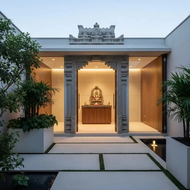 Courtyard seating area framed by carved wooden pillars and railings (reference 21)