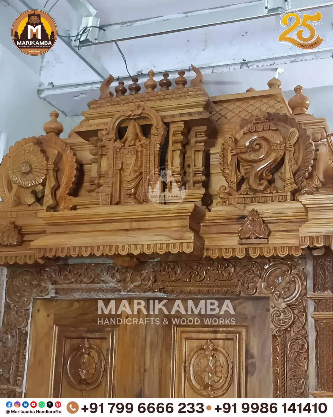 Wood carving work in progress on the workshop bench in Sirsi