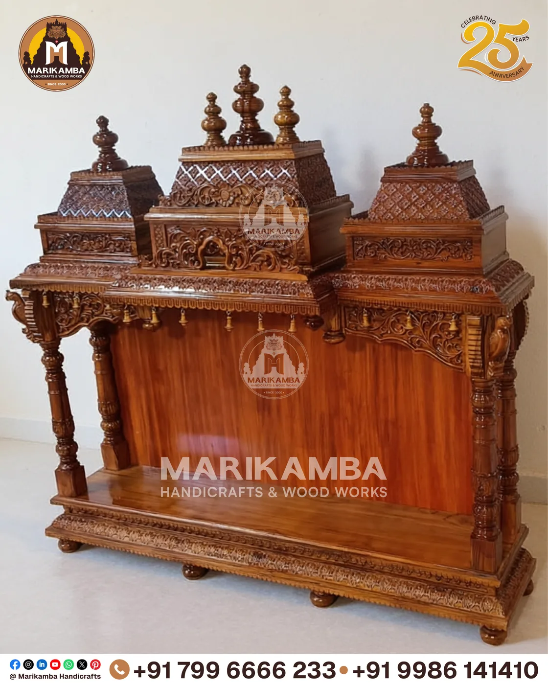 Teakwood pooja mandira with a carved gopuram crown, handmade at the Marikamba atelier in Sirsi — piece 41 of the collection
