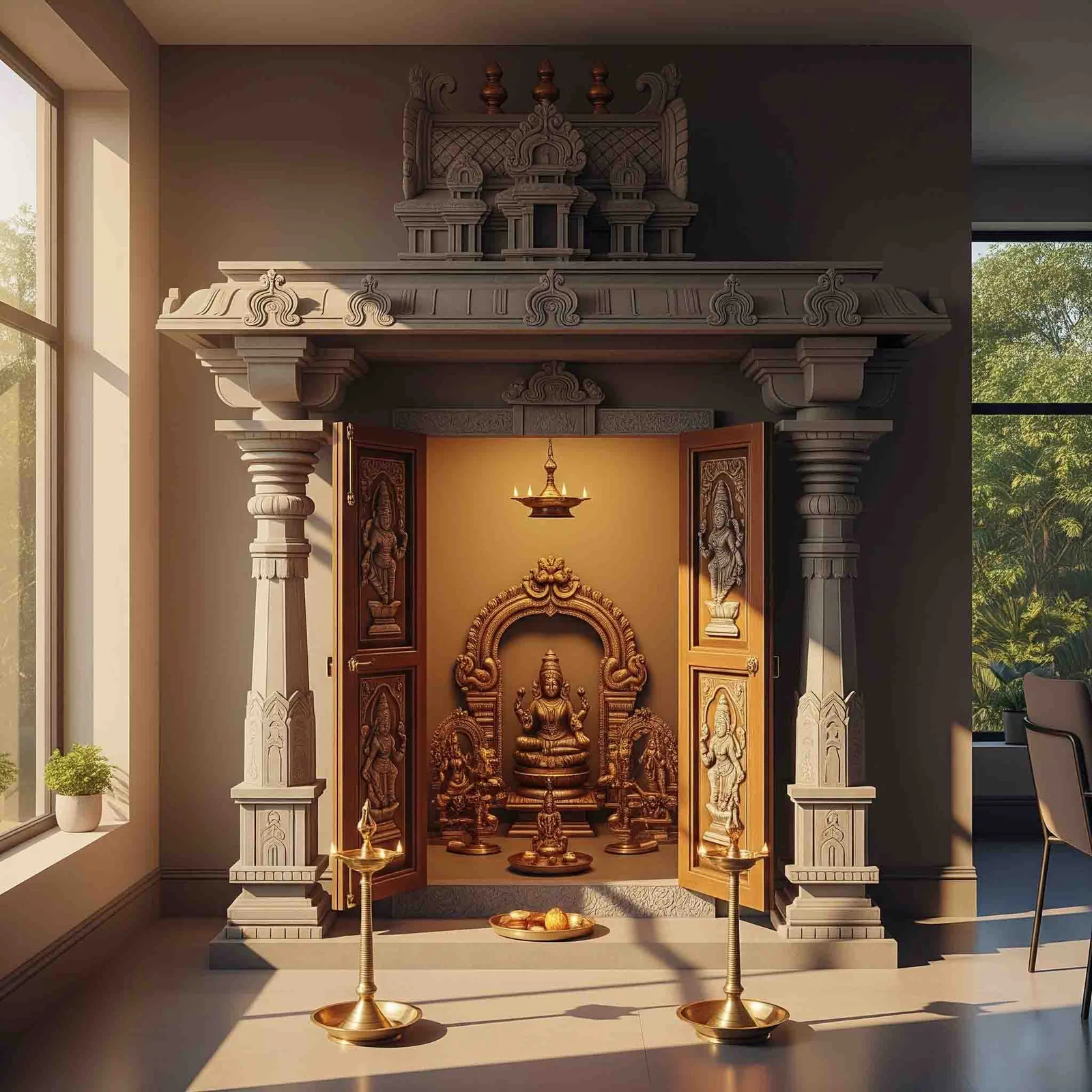 Pooja unit reference with carved top crown, lamp shelf and drawer base (reference 36)