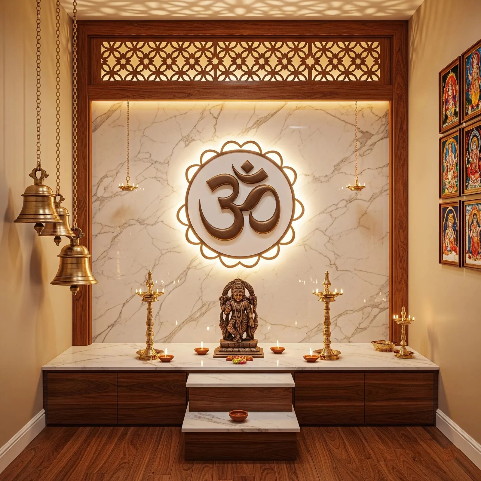 Pooja room back wall reference with carved jaali screens and a deity niche (reference 08)