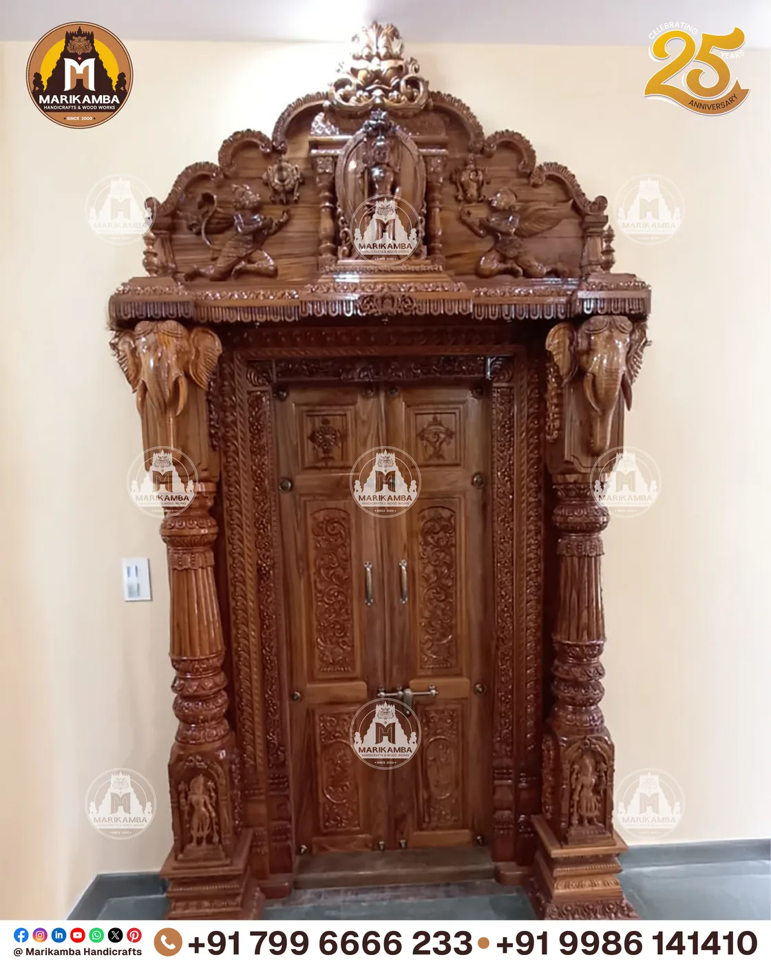 Solid timber door with deep hand-chiselled relief and a natural oiled finish — piece 28 of the collection