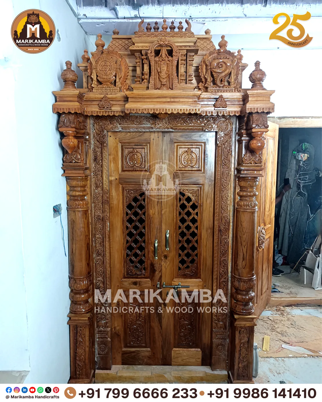 Wooden temple fitting with relief carving and a natural timber finish