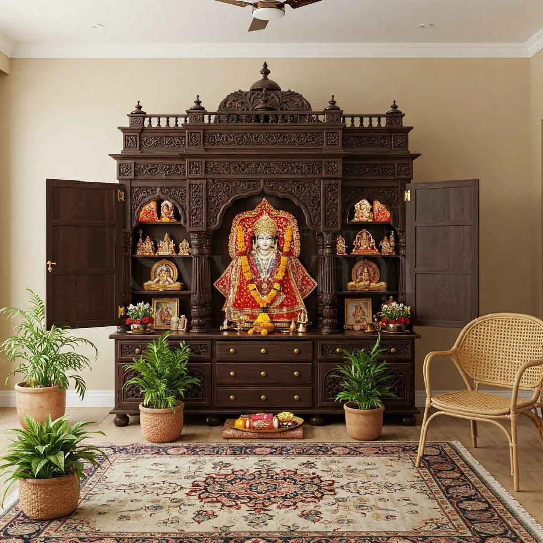 Pooja unit reference with carved top crown, lamp shelf and drawer base (reference 15)
