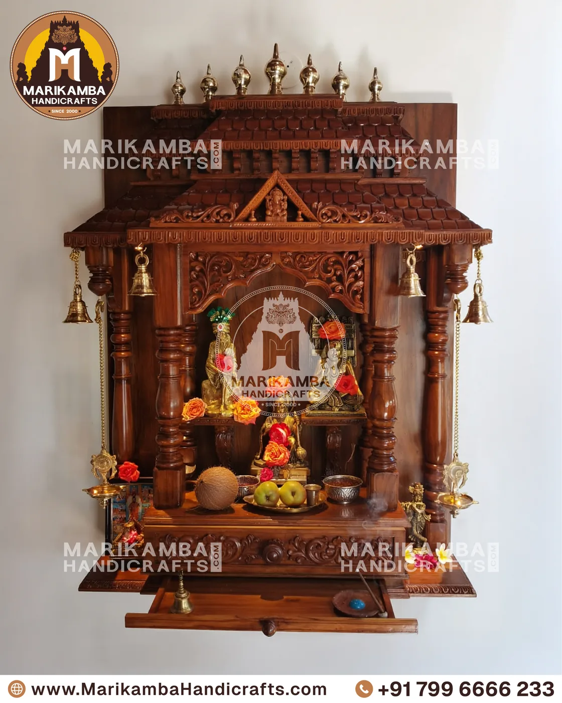 Pooja mandira front elevation showing carved side panels and a raised deity platform — piece 65 of the collection